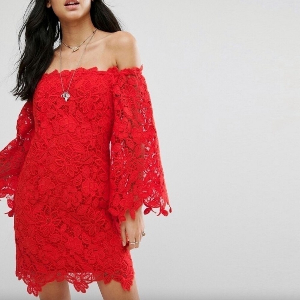 NWT FREE PEOPLE | Dusk Off The Shoulder Lace Dress in Fiesta Red | Size 8 - Picture 2 of 11